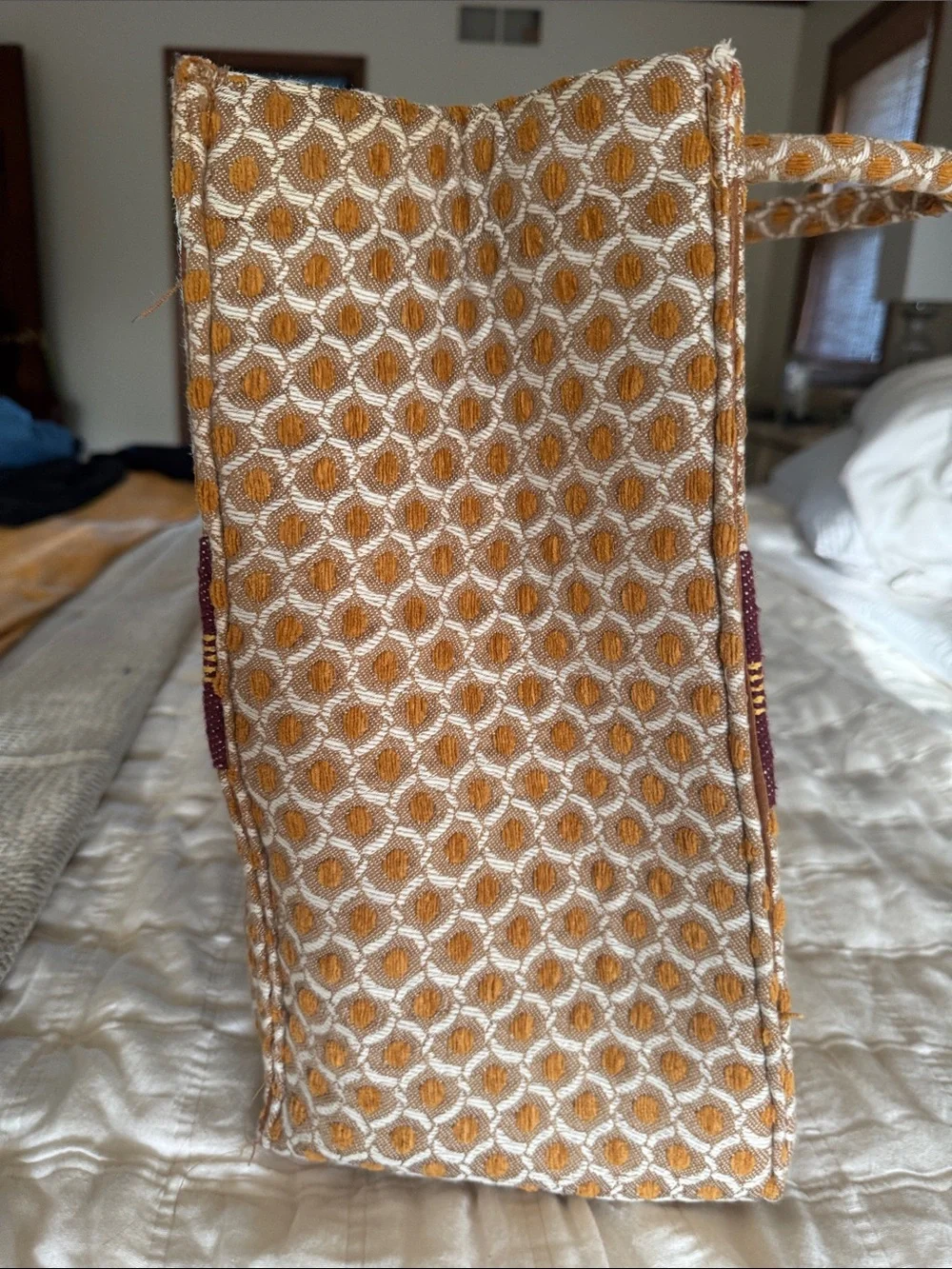 Stylish Woven Tote Bag in Mustard and Burgundy